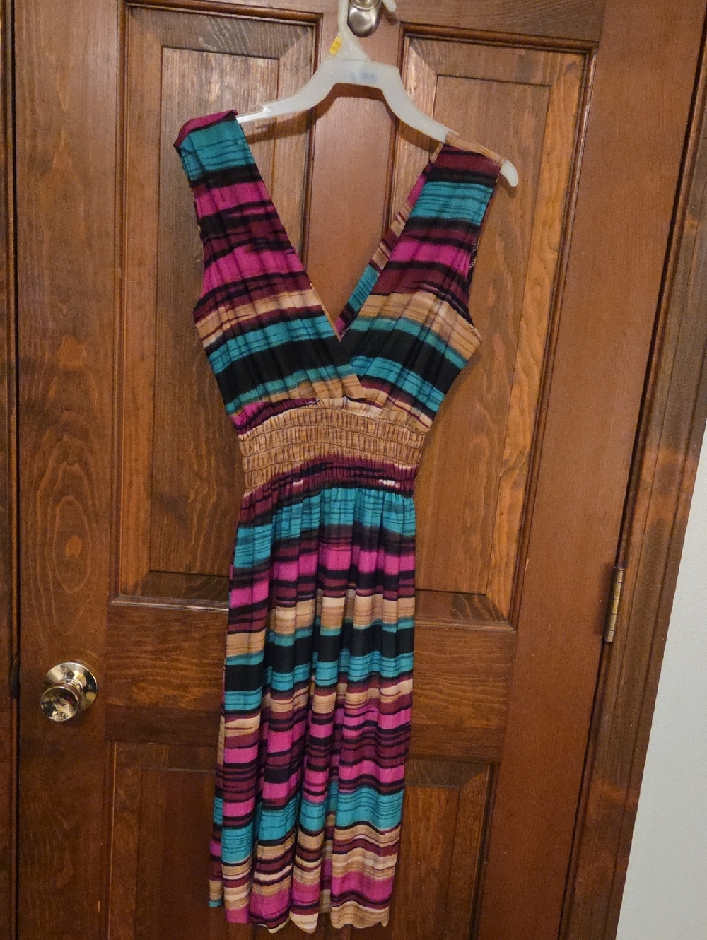 Striped V-Neck Sleeveless Midi Dress in Teal, Magenta & Tan